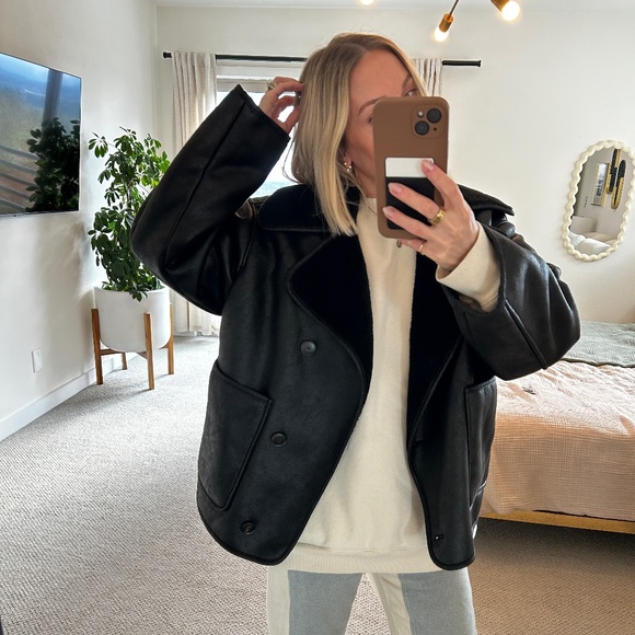 Zara DOUBLE FACED JACKET ZW COLLECTION OVERSIZED COAT BLACK XS Shearling - Picture 2 of 8
